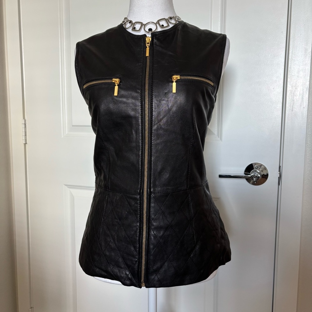 Vintage 90s black genuine leather zip up vest with gold details Medium